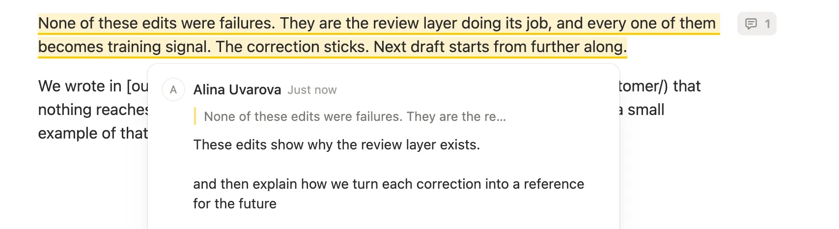 Notion review showing Alina's edit to a paragraph from the agent's first draft
