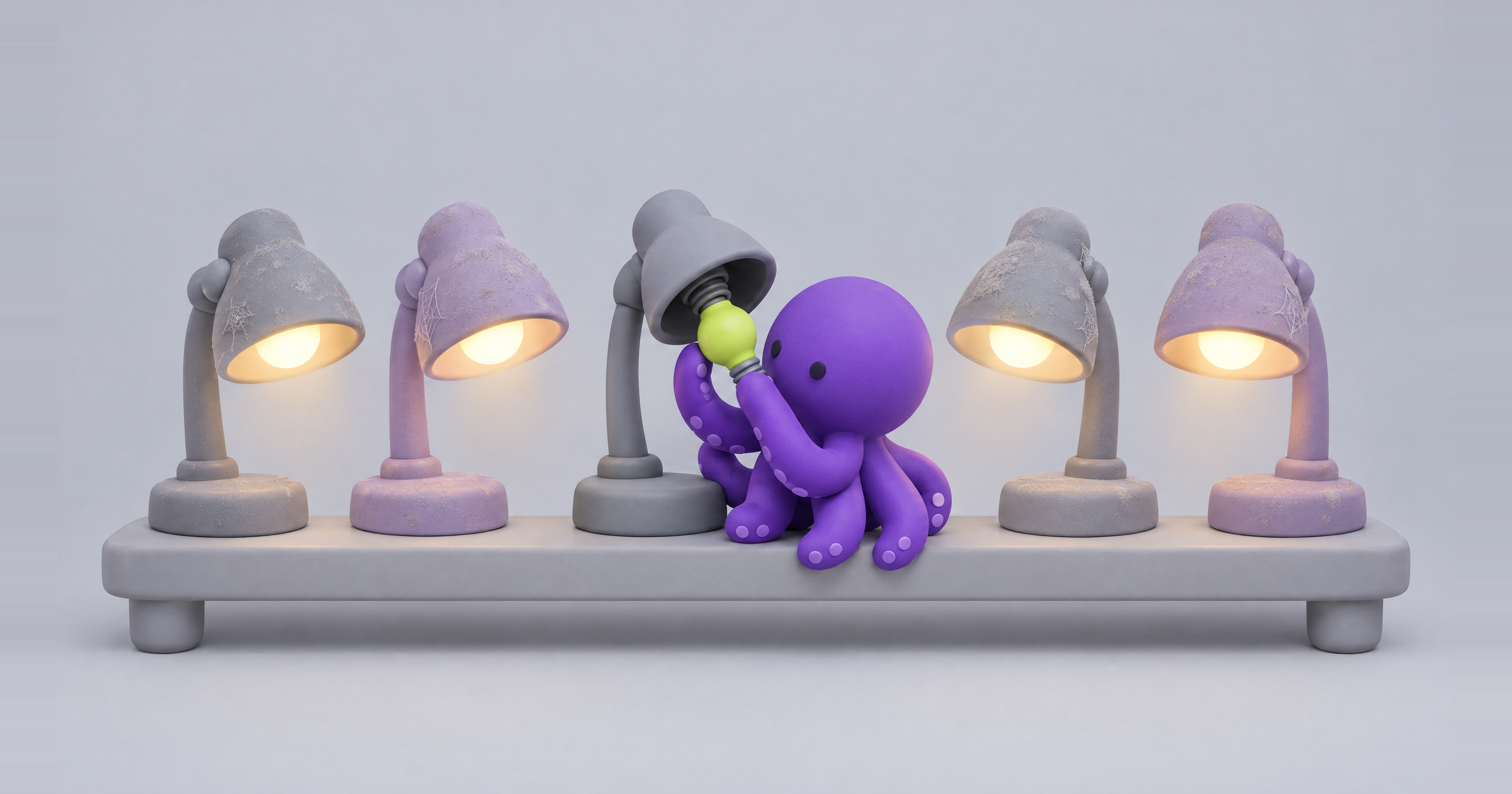 Clay octopus screws a lime bulb into the one dark lamp while dusty lamps glow: an AI content refresh fixes wrong pages first