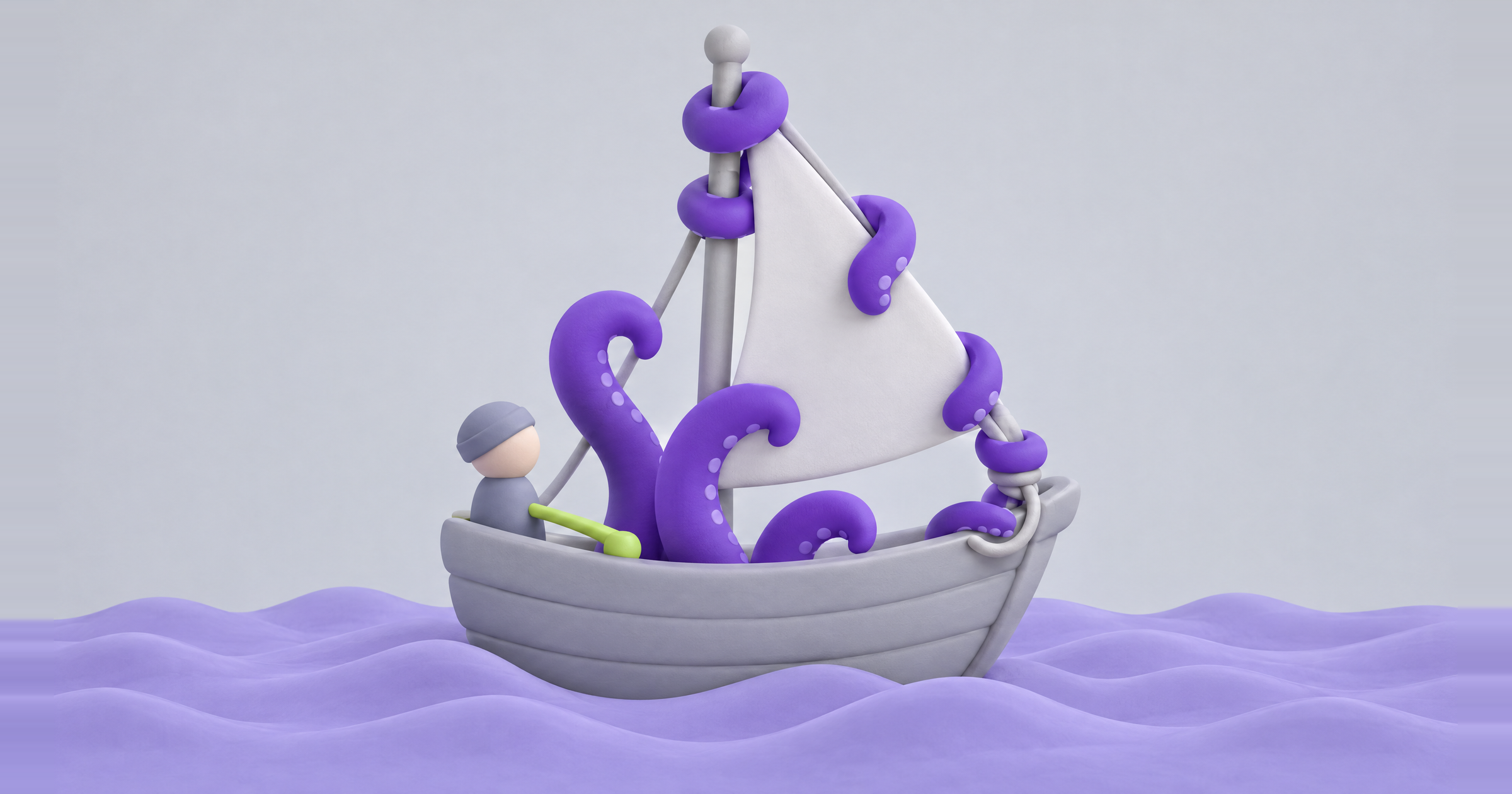 Clay octopus tentacles rig a toy sailboat while a peg figure holds the tiller: AI SMM agent vs scheduler