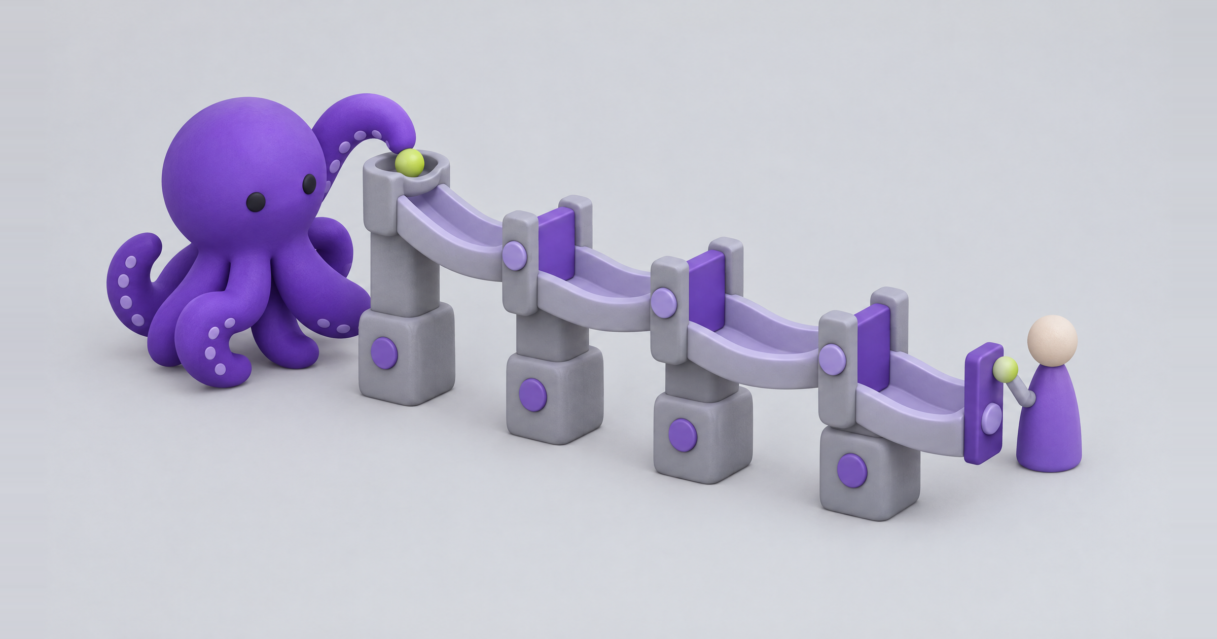 Clay marble run where a peg figure holds the final gate: an email campaign moving from approved brief to send