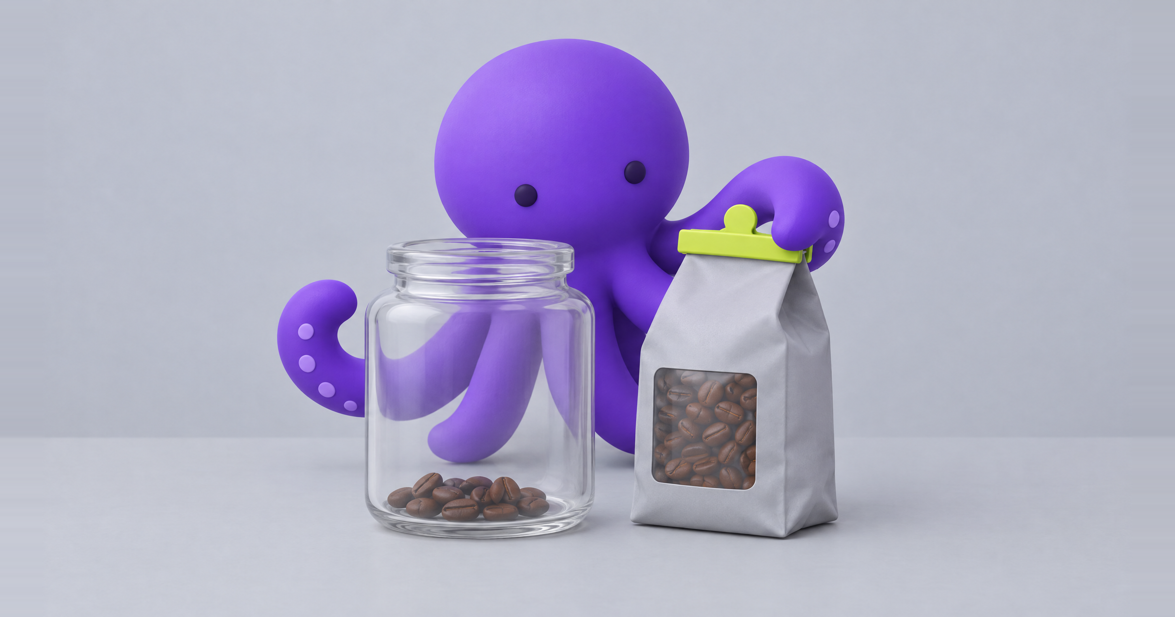 Clay octopus refills a nearly empty coffee jar just in time, like a post-purchase email flow timed to product use