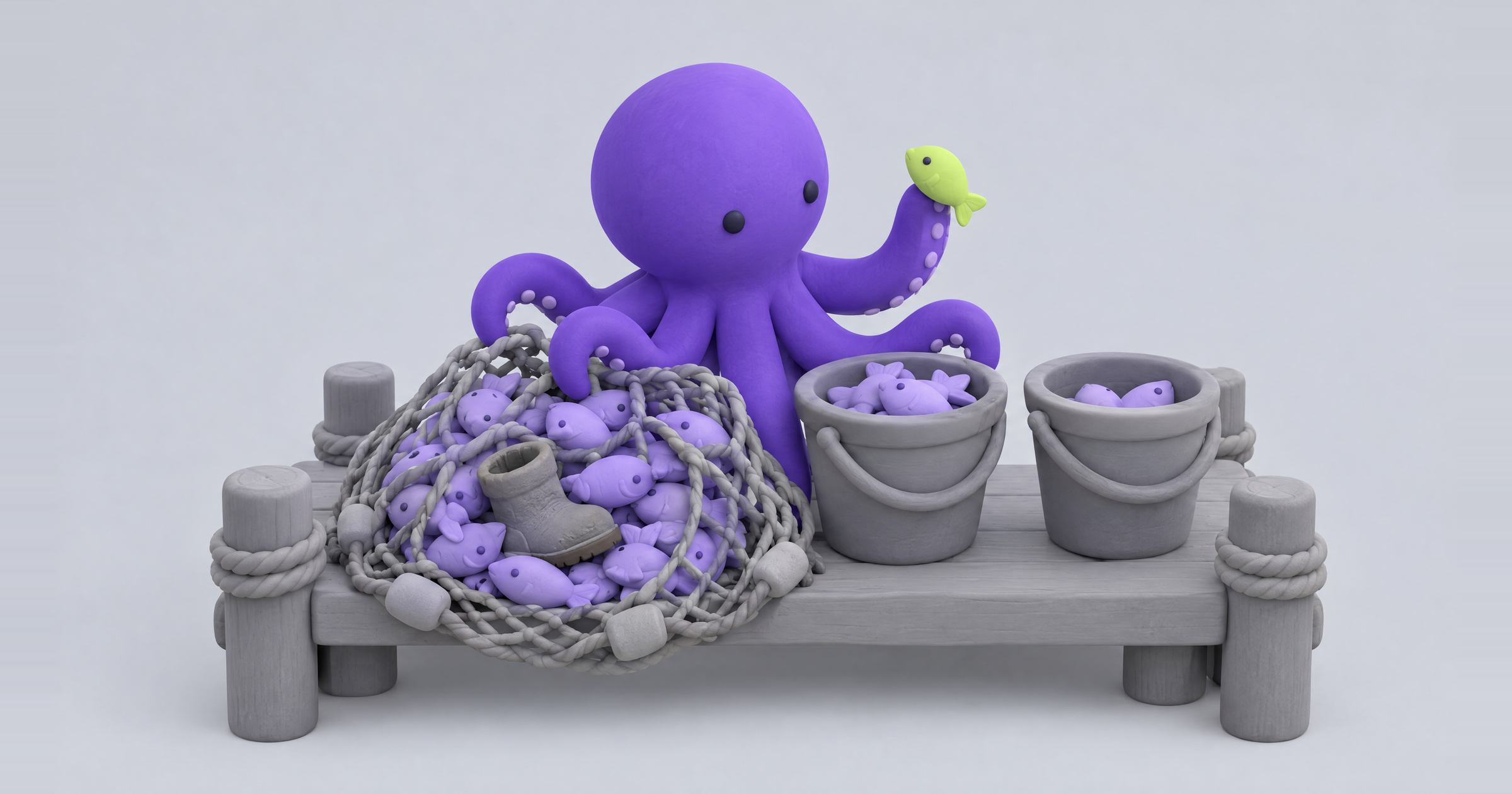 Clay octopus sorts a fishing net catch and inspects one fish before deciding, like reviewing negative keyword suggestions