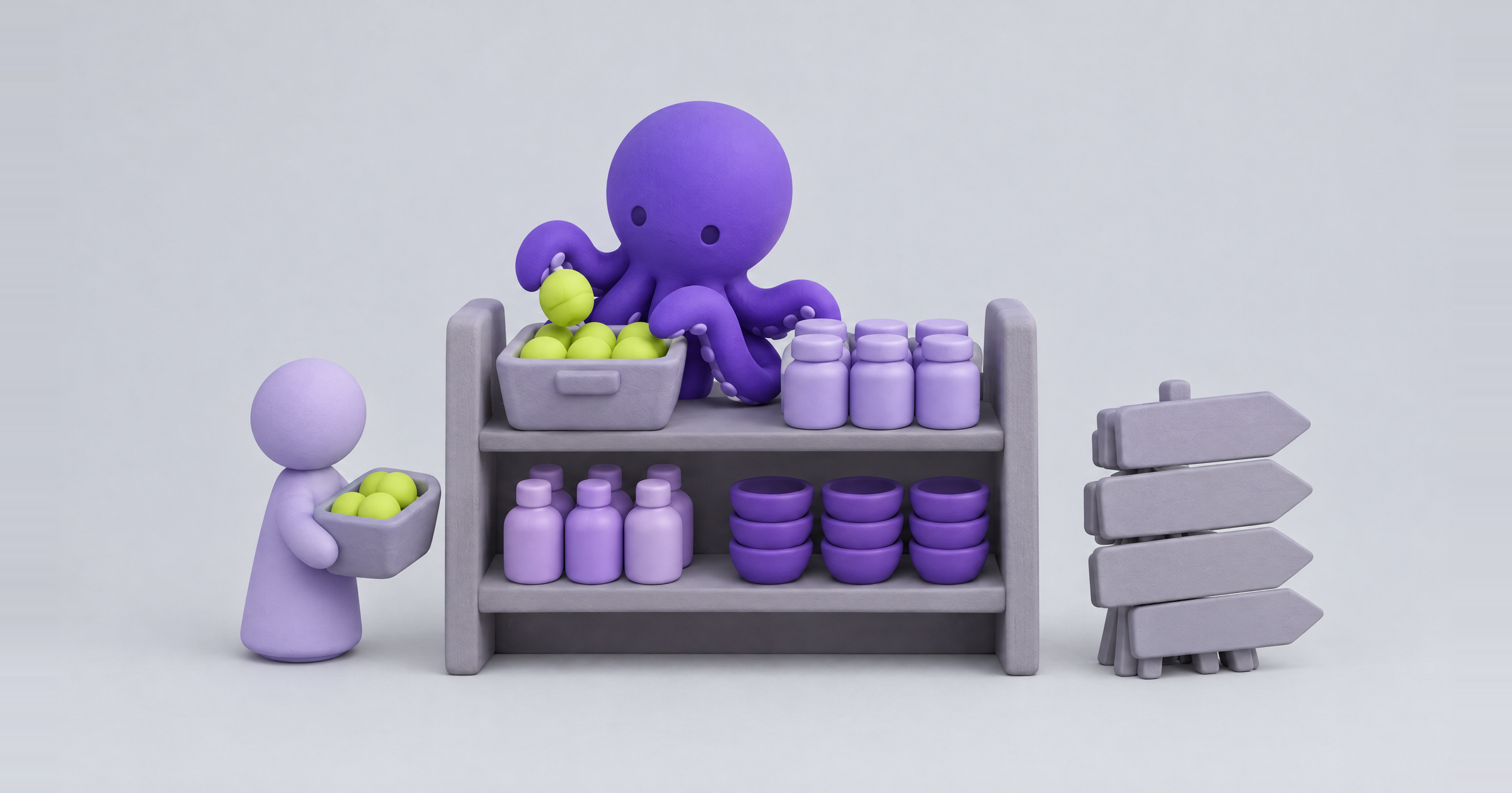 Clay octopus sorts products on a shop shelf while new signposts wait: fix Shopify collection SEO before more blog posts