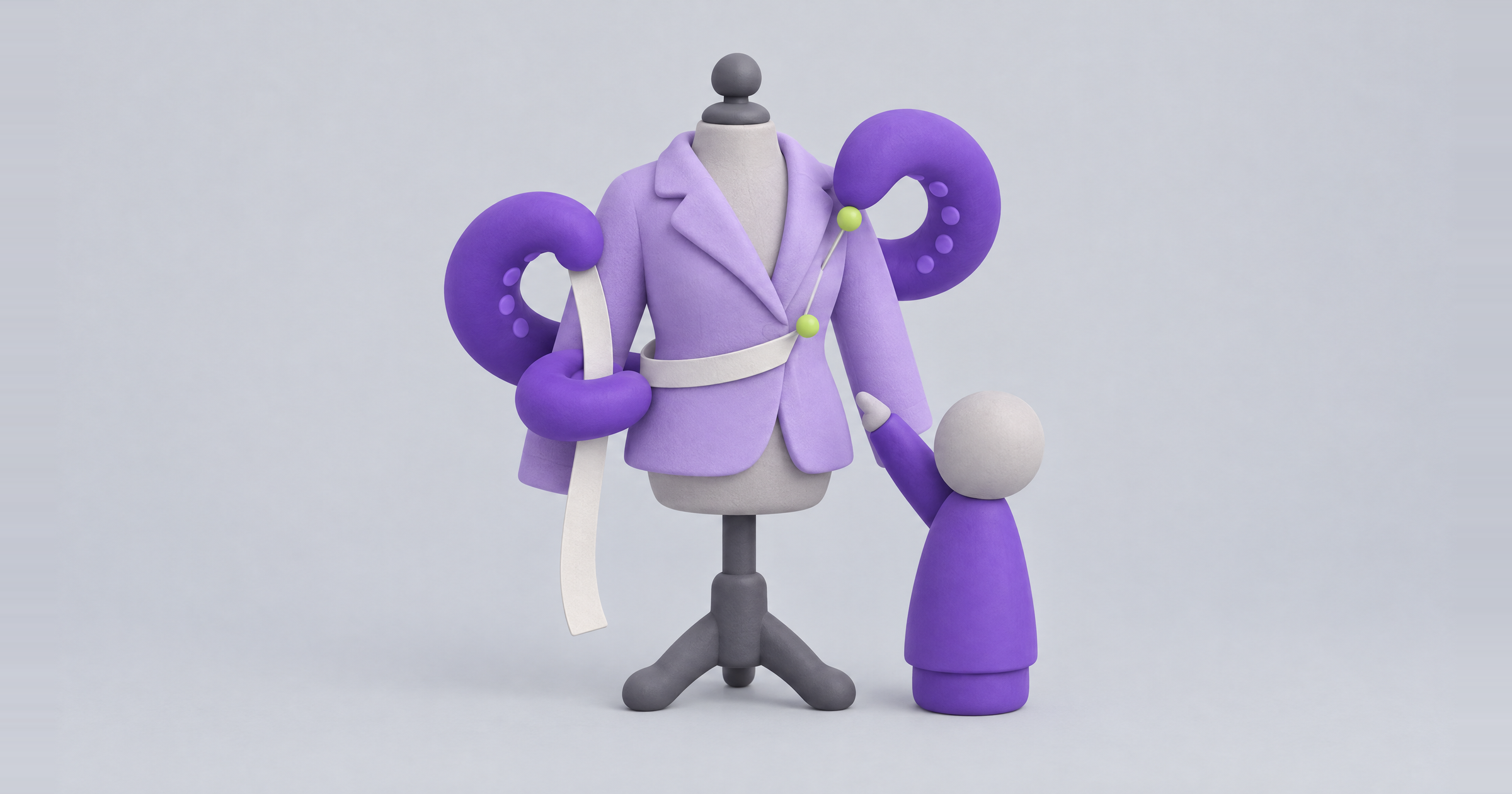 Violet tentacles measure a jacket on a dress form as a clay figure points to lime pins: social report findings into decisions