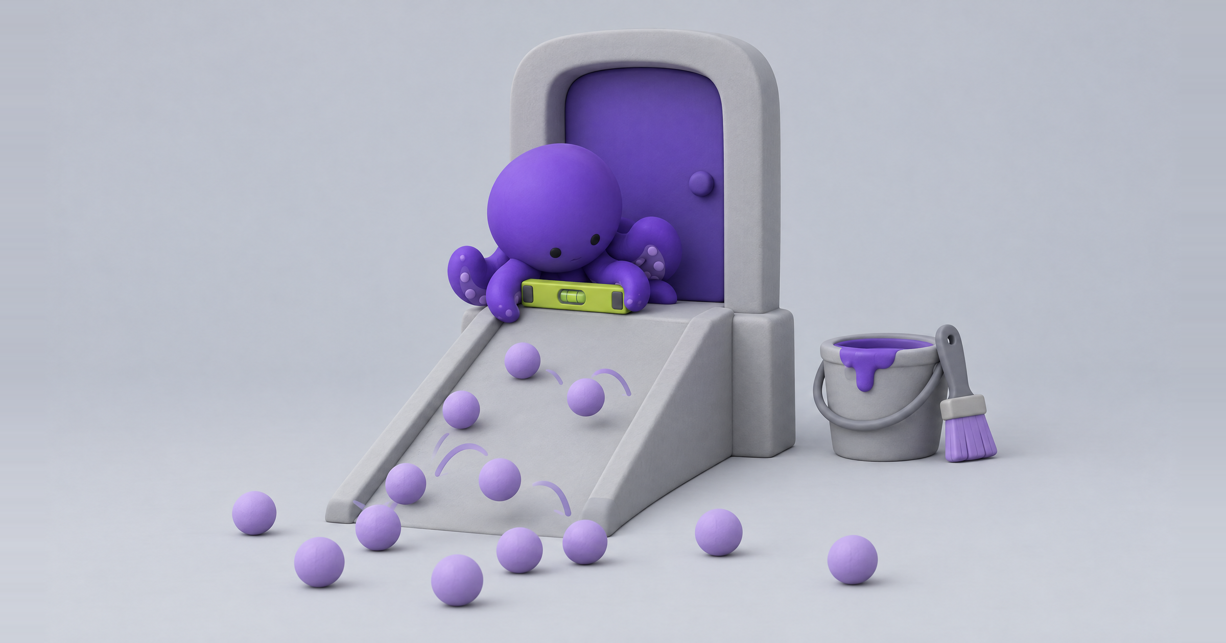 Clay balls roll up to a door and bounce back while an octopus checks the threshold: website traffic but no conversions