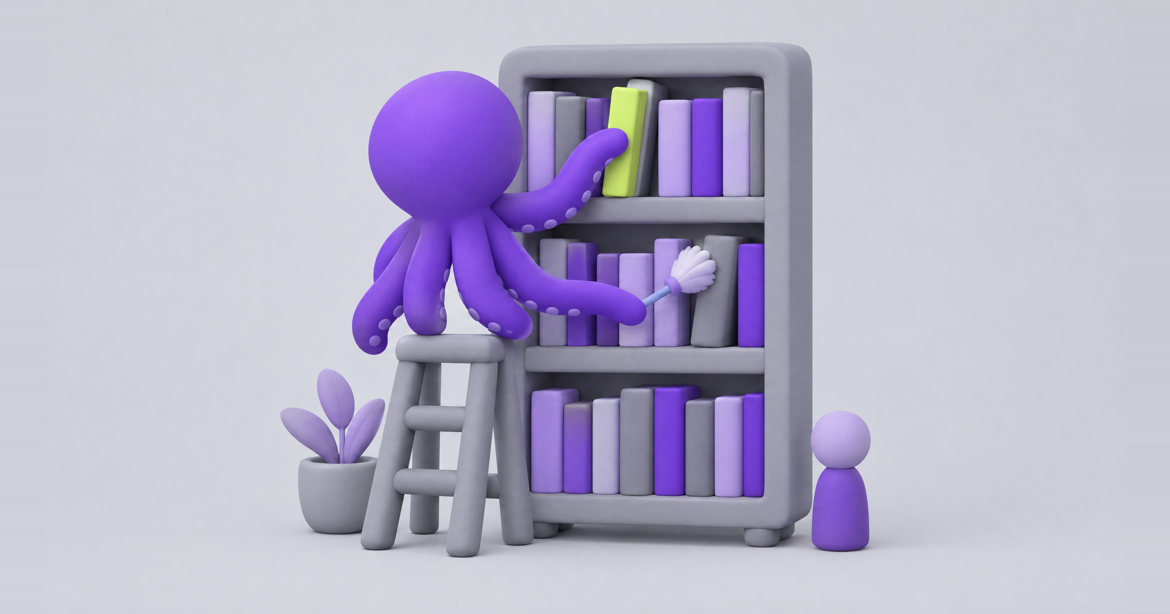 Clay octopus shelves a new lime book and dusts older ones, like an AI SEO & Content agent keeping pages current