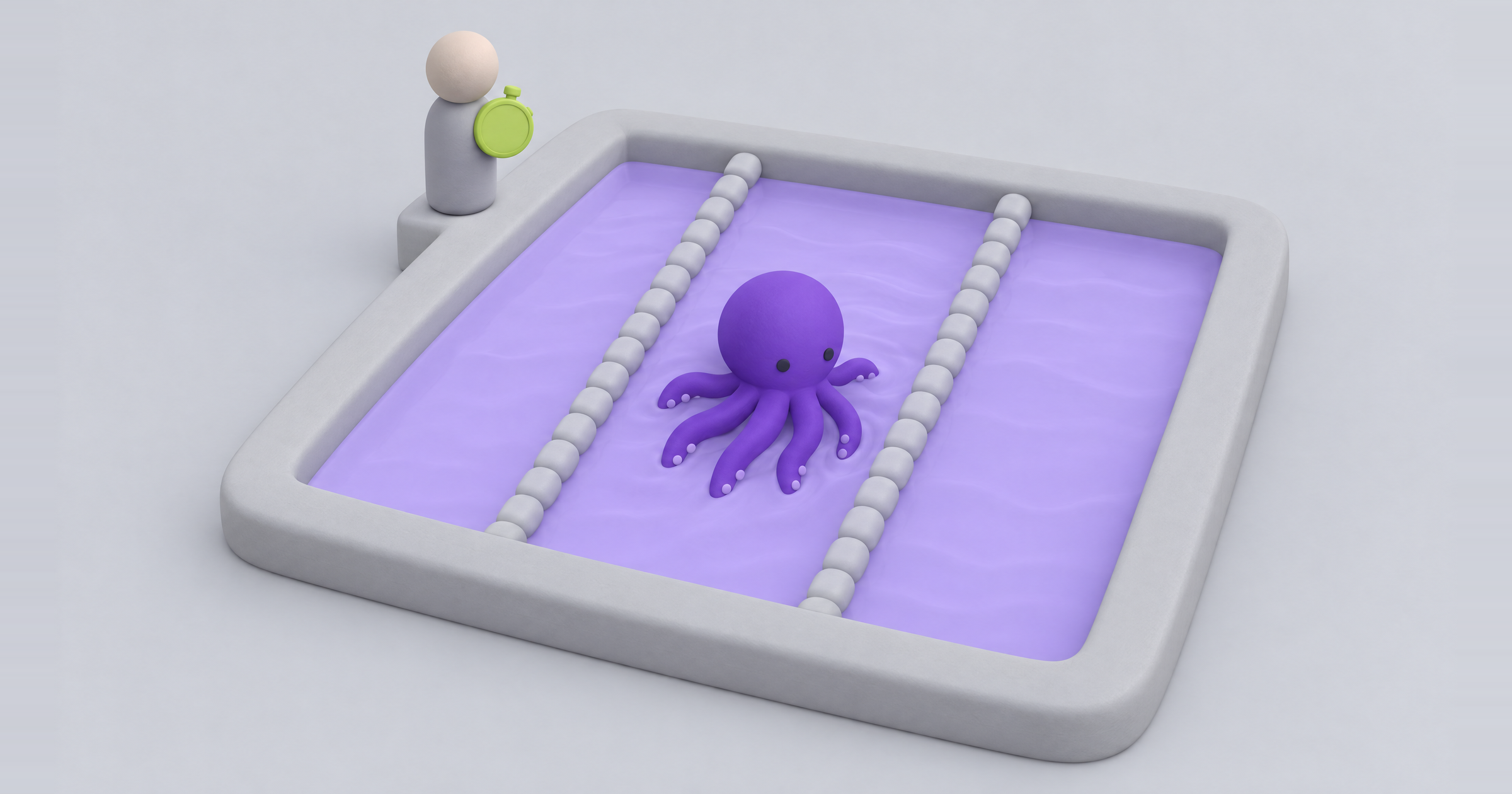 Clay octopus swims in its own pool lane while a peg figure holds a stopwatch: what an AI SMM agent does