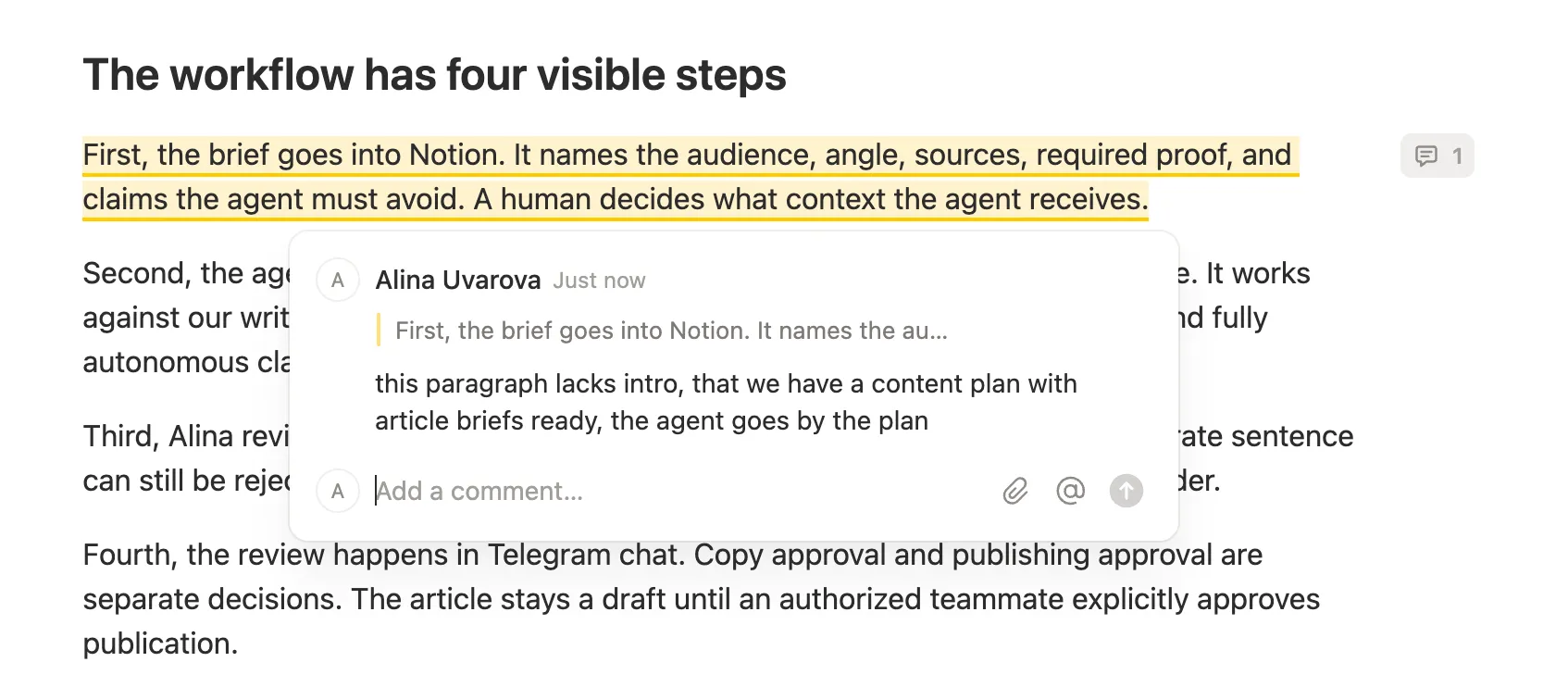 Alina's Notion comment asking for the missing content-plan context