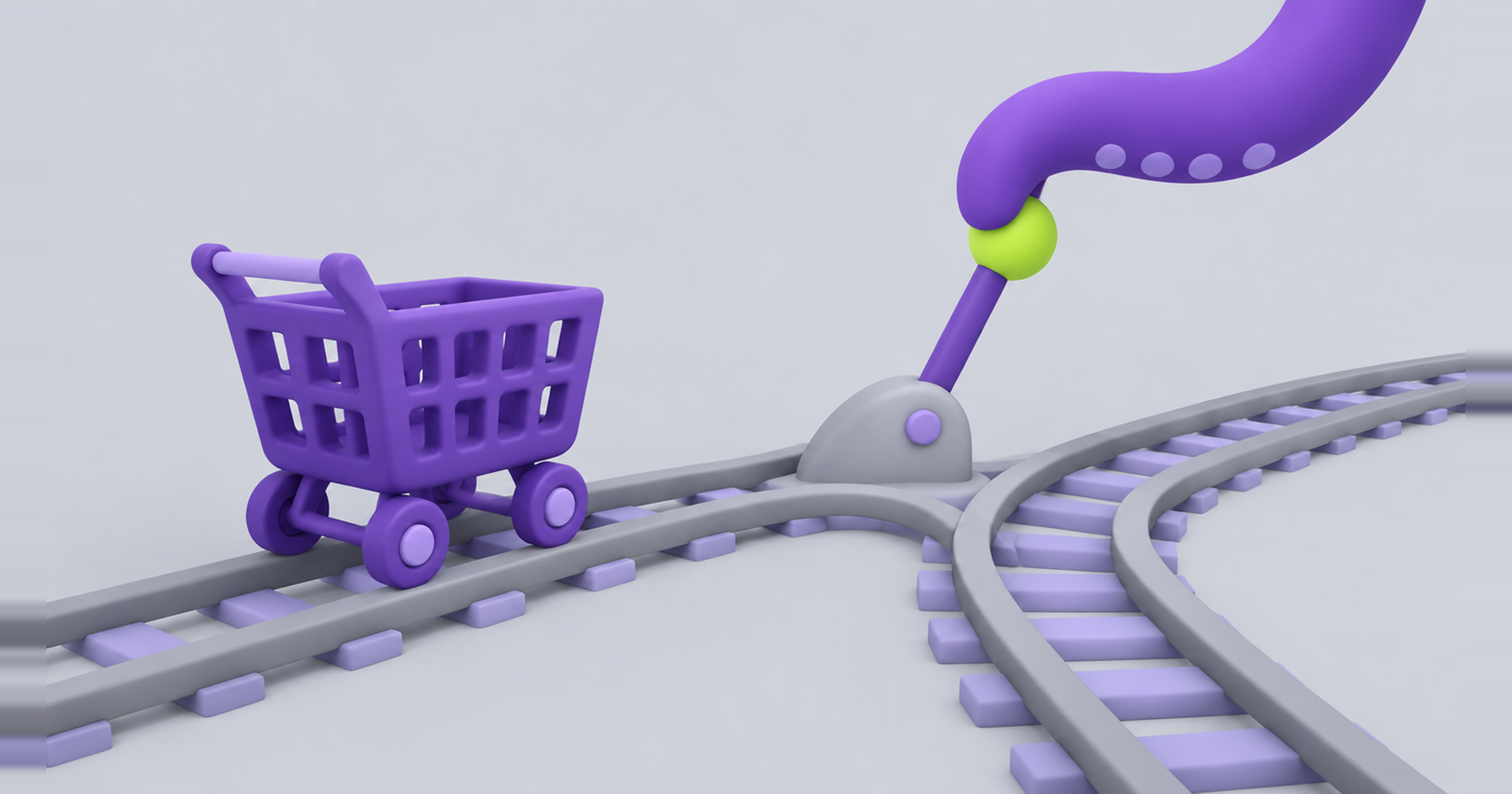 Octopus tentacle switching a railway lever to route a shopping cart, illustrating abandoned cart email flow logic