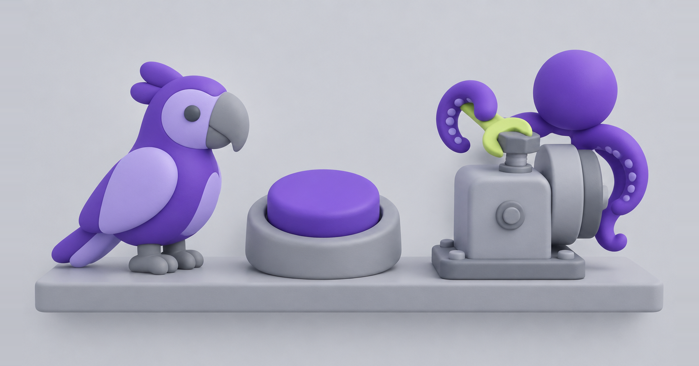 Parrot, push button and octopus fixing a machine, comparing an AI chatbot, in-app AI and an AI agent