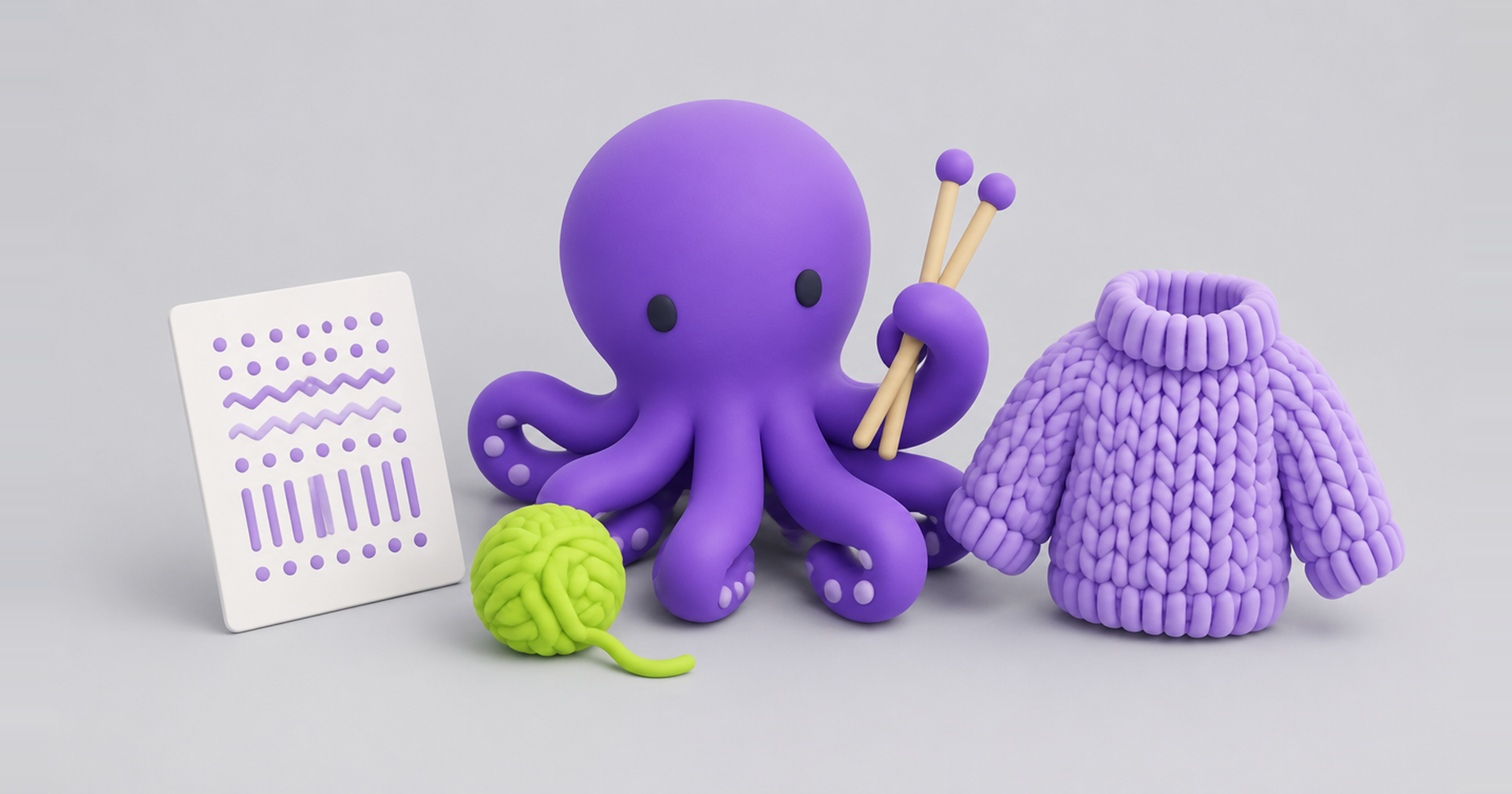 Octopus knitting a sweater from a simple pattern card, showing agentic engineering of AI marketing workflows in plain language