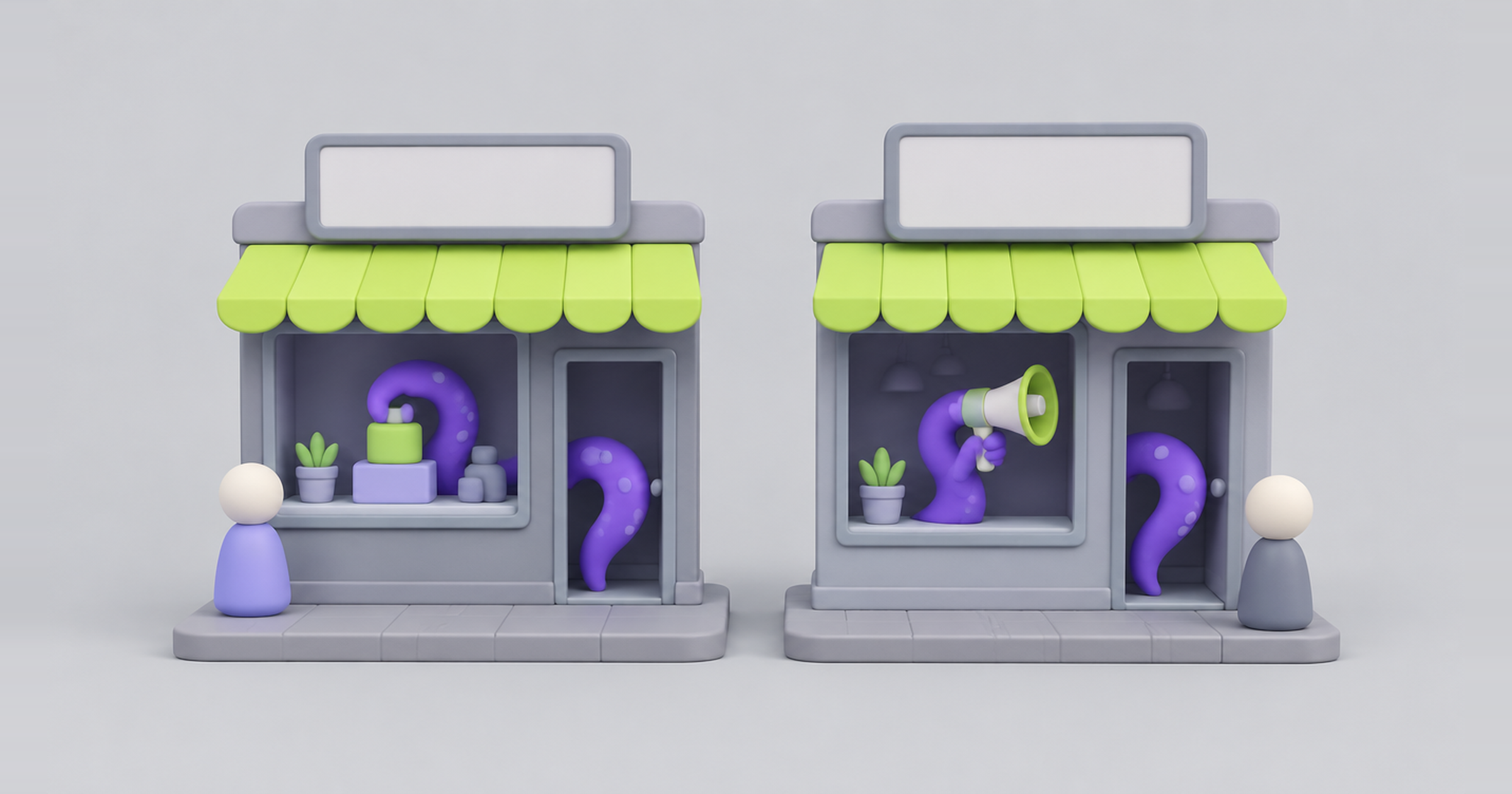 Two online store fronts run by octopus tentacles, representing AI agents for ecommerce website, social media and ads