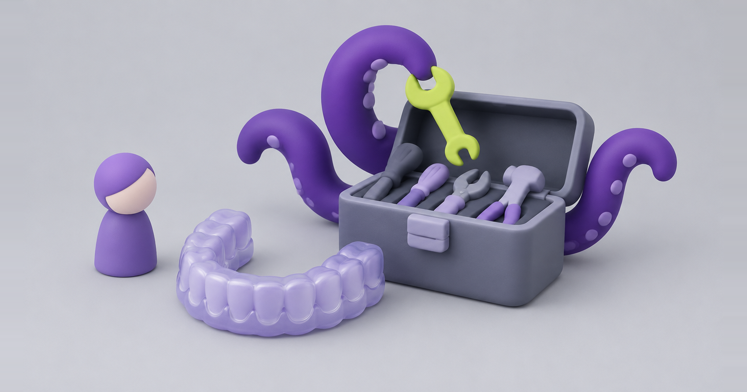 Dental retainer next to an open toolbox where an octopus picks a wrench, an AI marketing crew as an agency retainer alternative