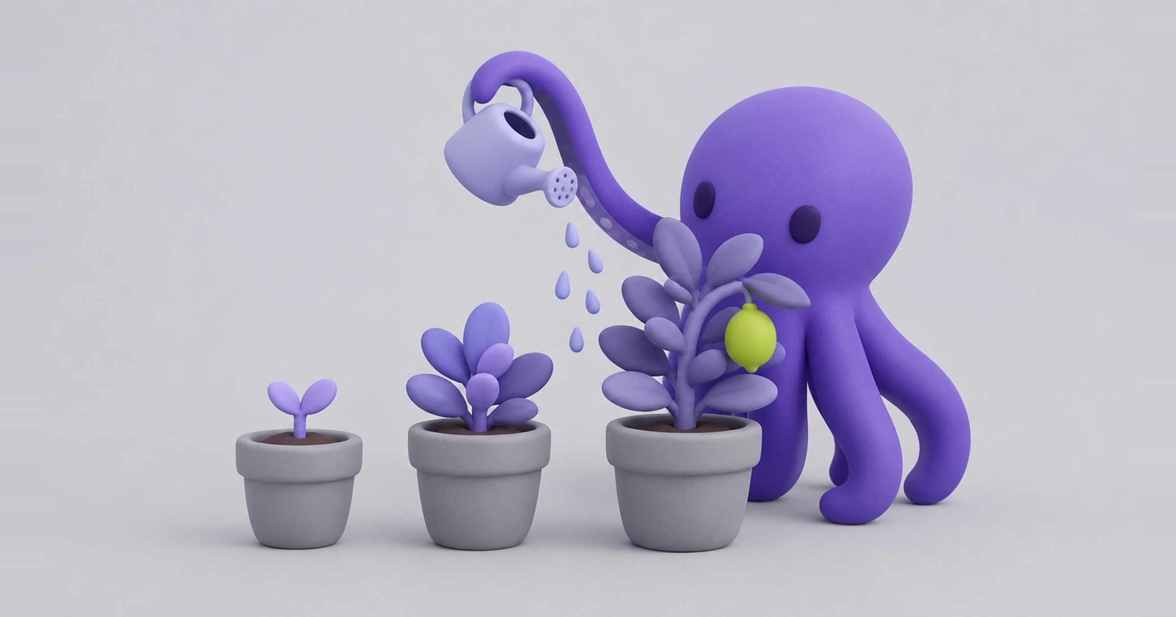 Octopus watering three plants growing from sprout to fruit, showing AI marketing agent results and cost over 90 days