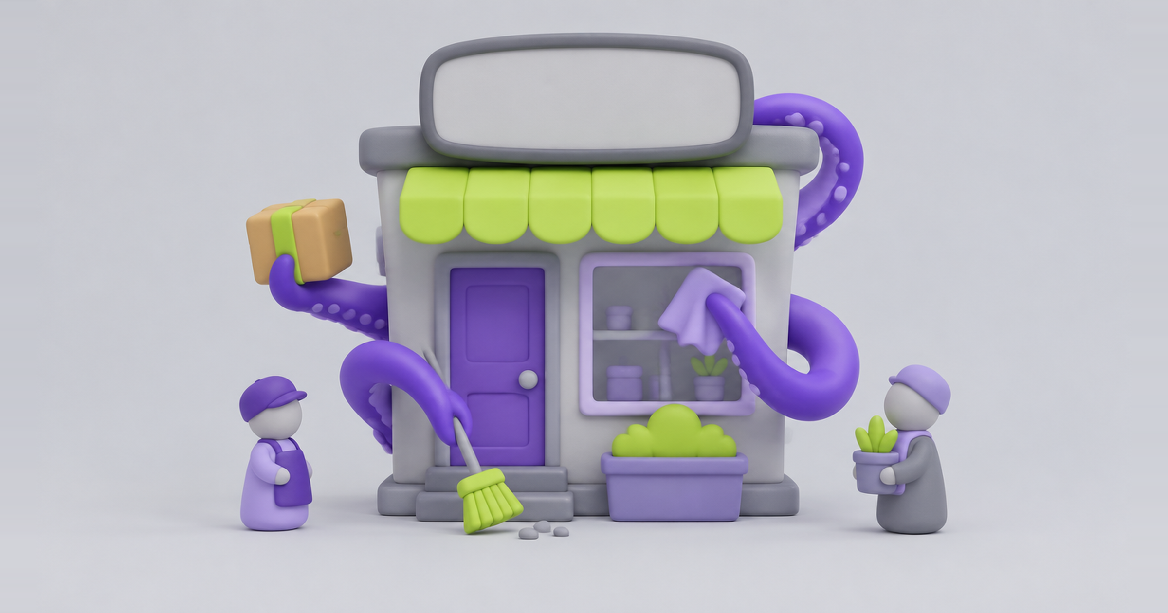 Friendly octopus tentacles helping run a small corner shop, AI marketing agents for small business