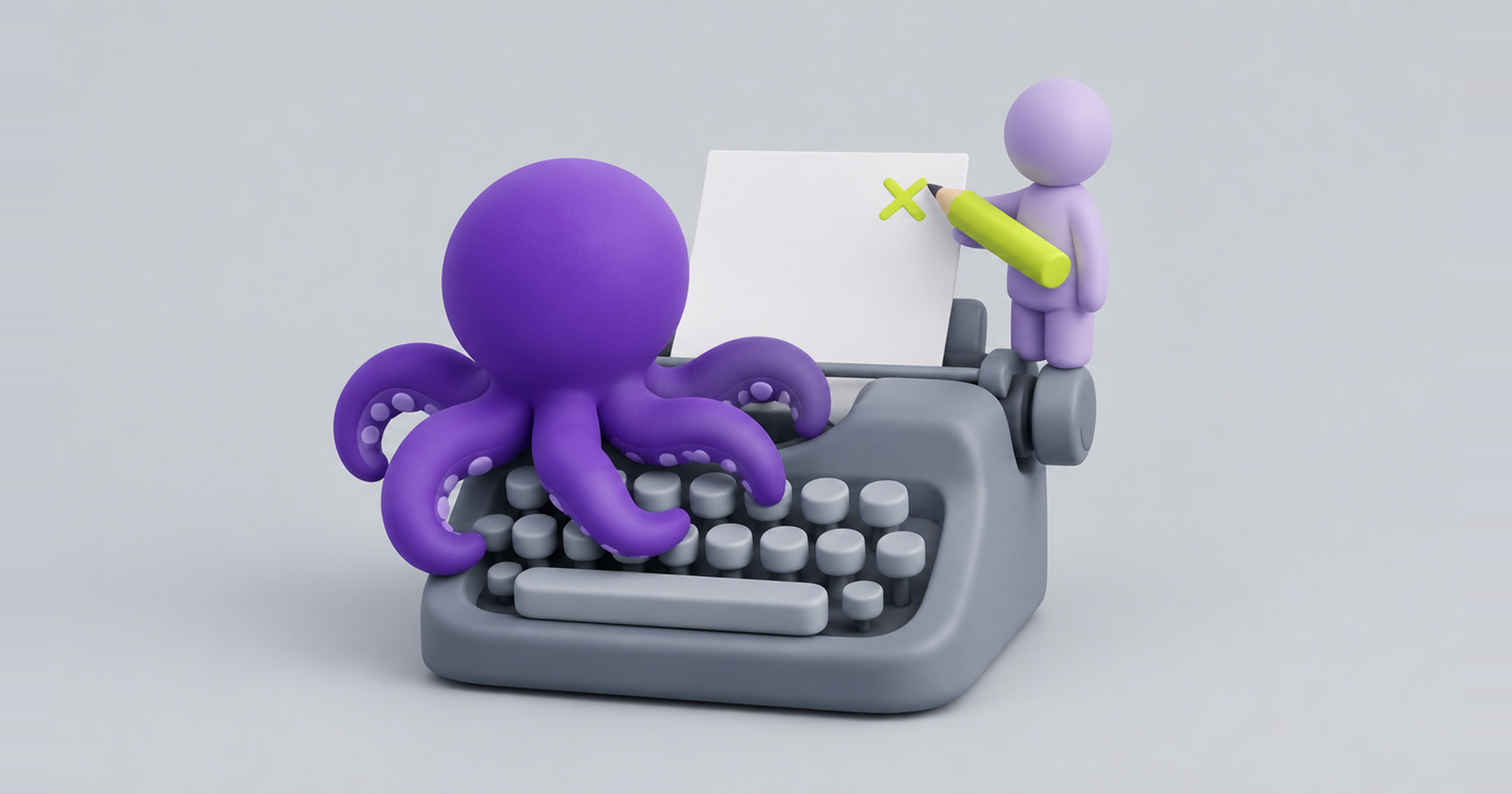 Octopus typing a draft on a typewriter while a person marks corrections, an AI content agent with human review
