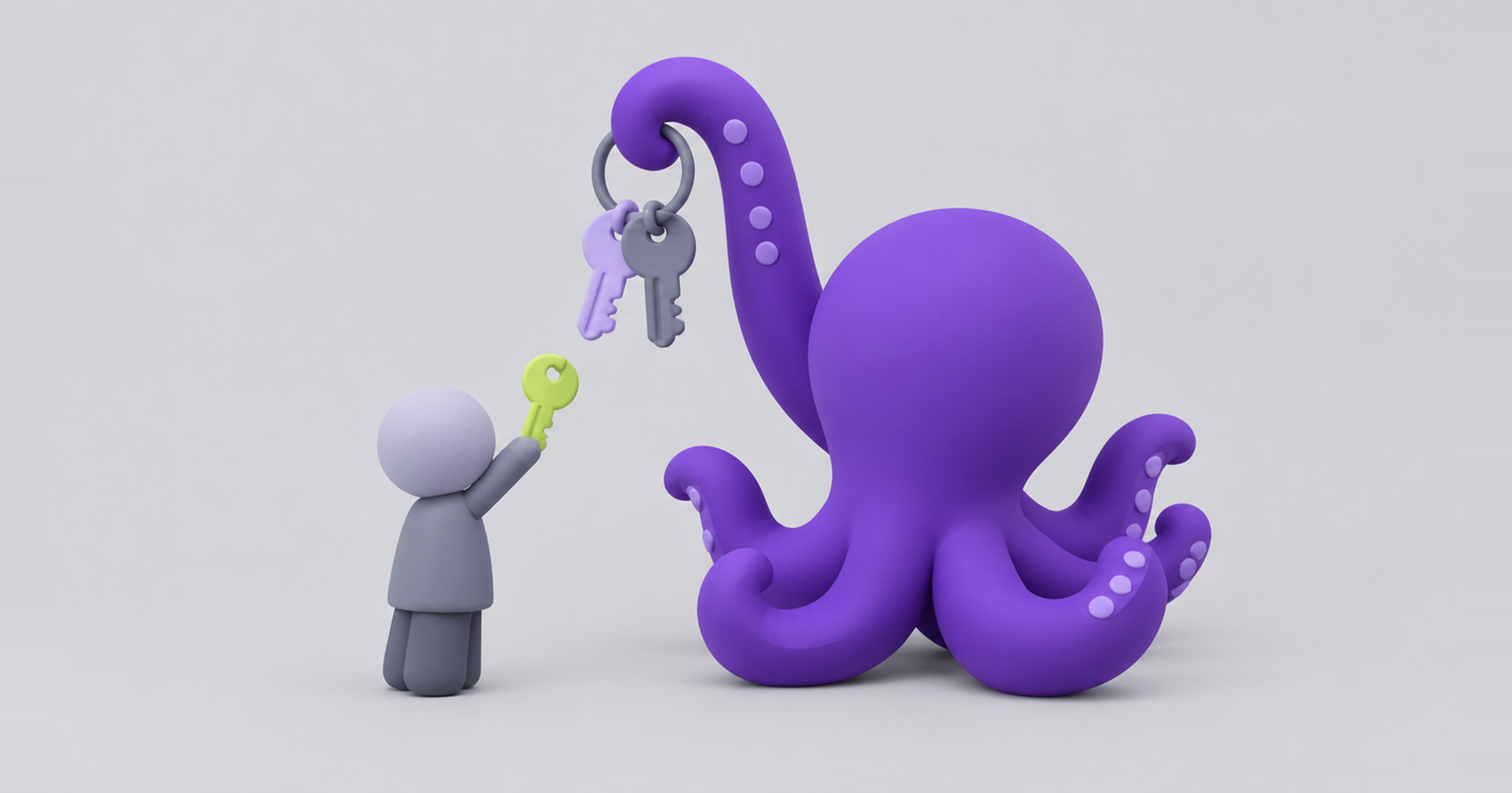 Person handing an octopus one more key for its key ring, AI agent autonomy earned step by step