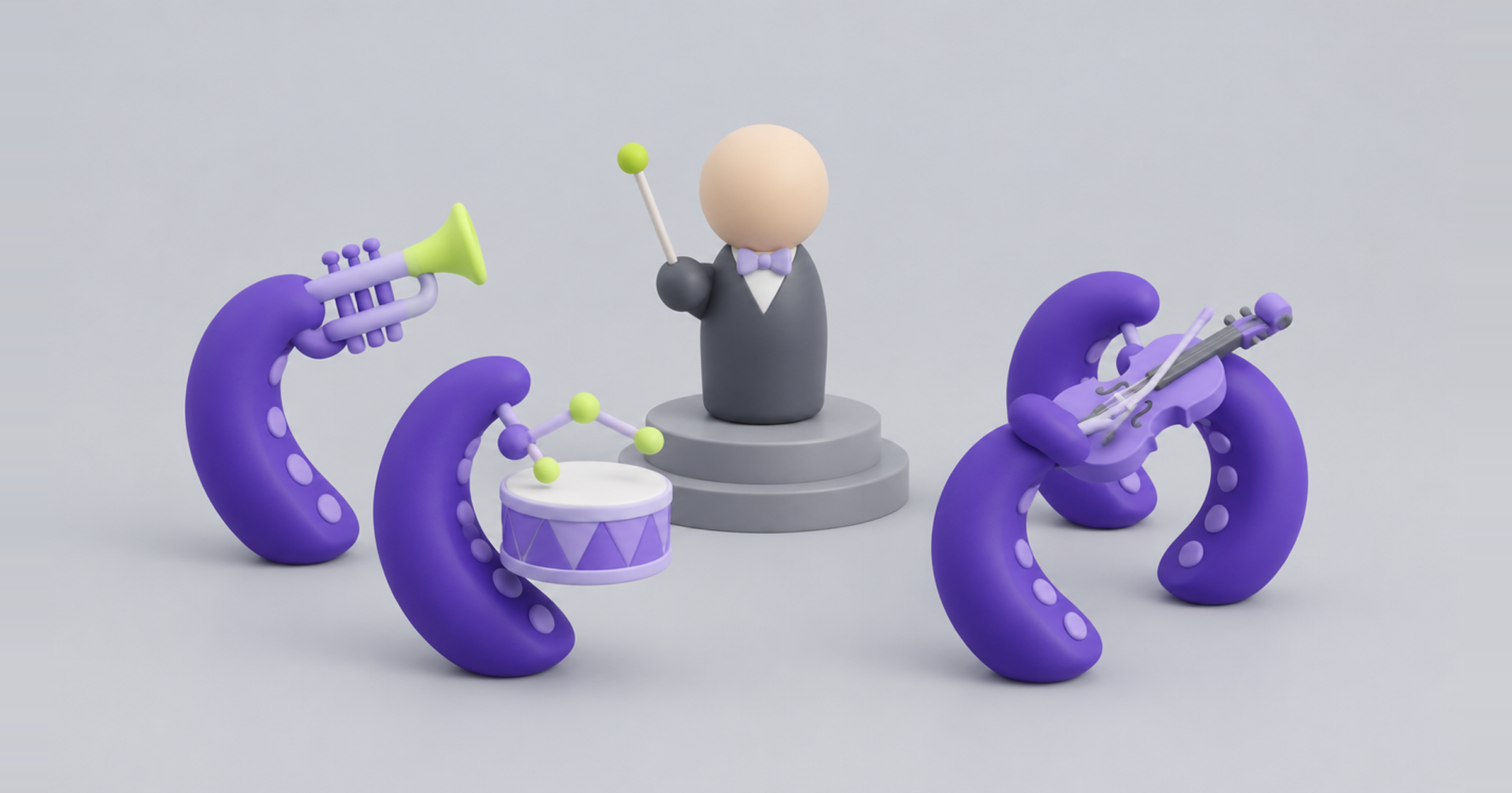 Person conducting an orchestra of octopus tentacles with instruments, the facilitator model for an AI marketing team