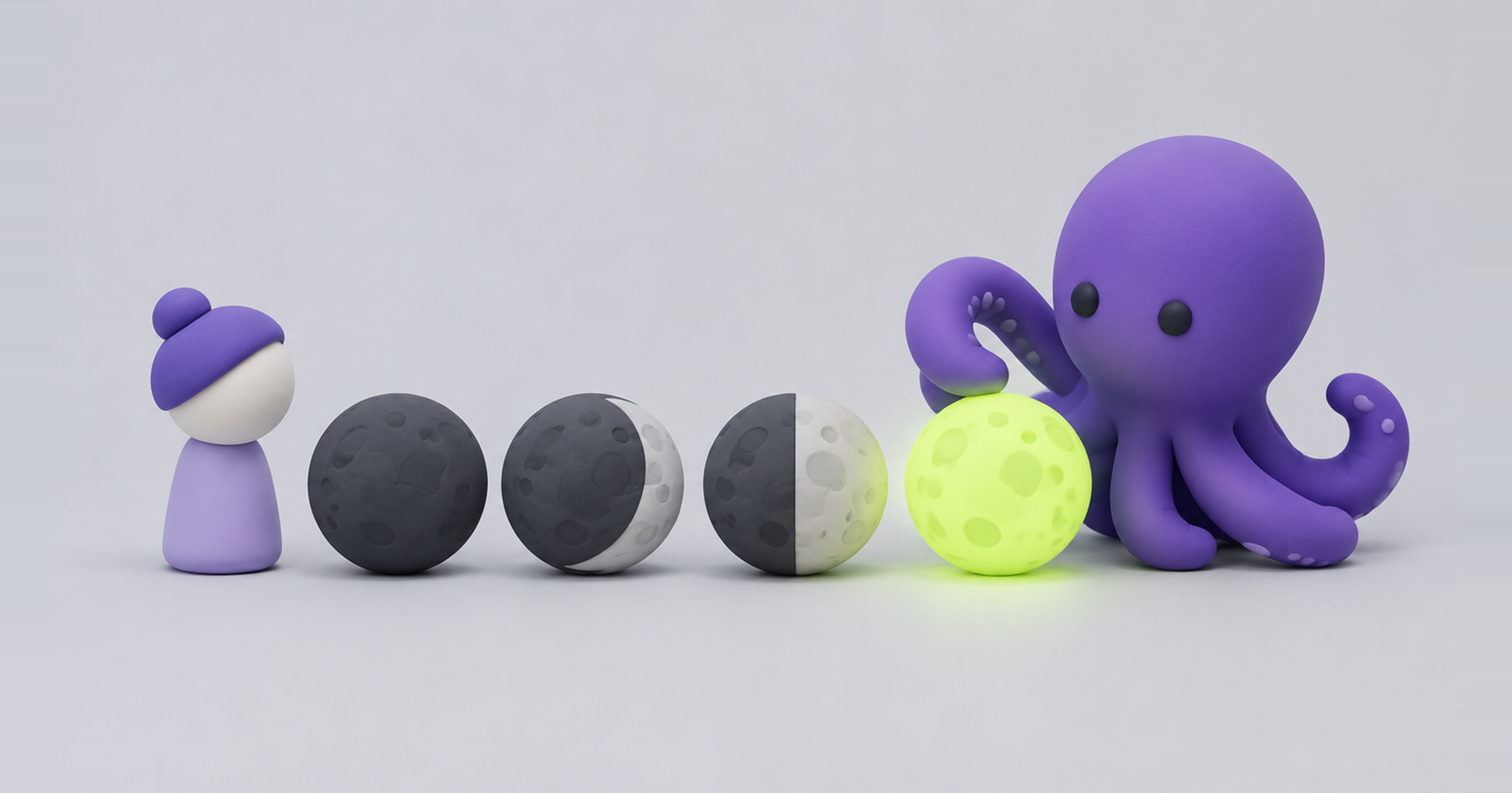 Four moon phases from new to full with an octopus, a four-week AI agent implementation timeline