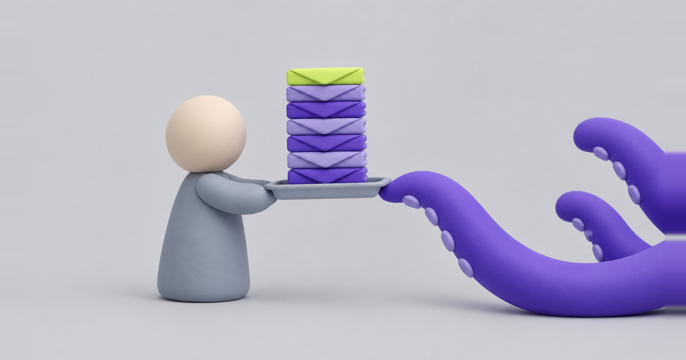 Person carefully handing a balanced stack of envelopes to an octopus, handing email marketing to an AI agent safely