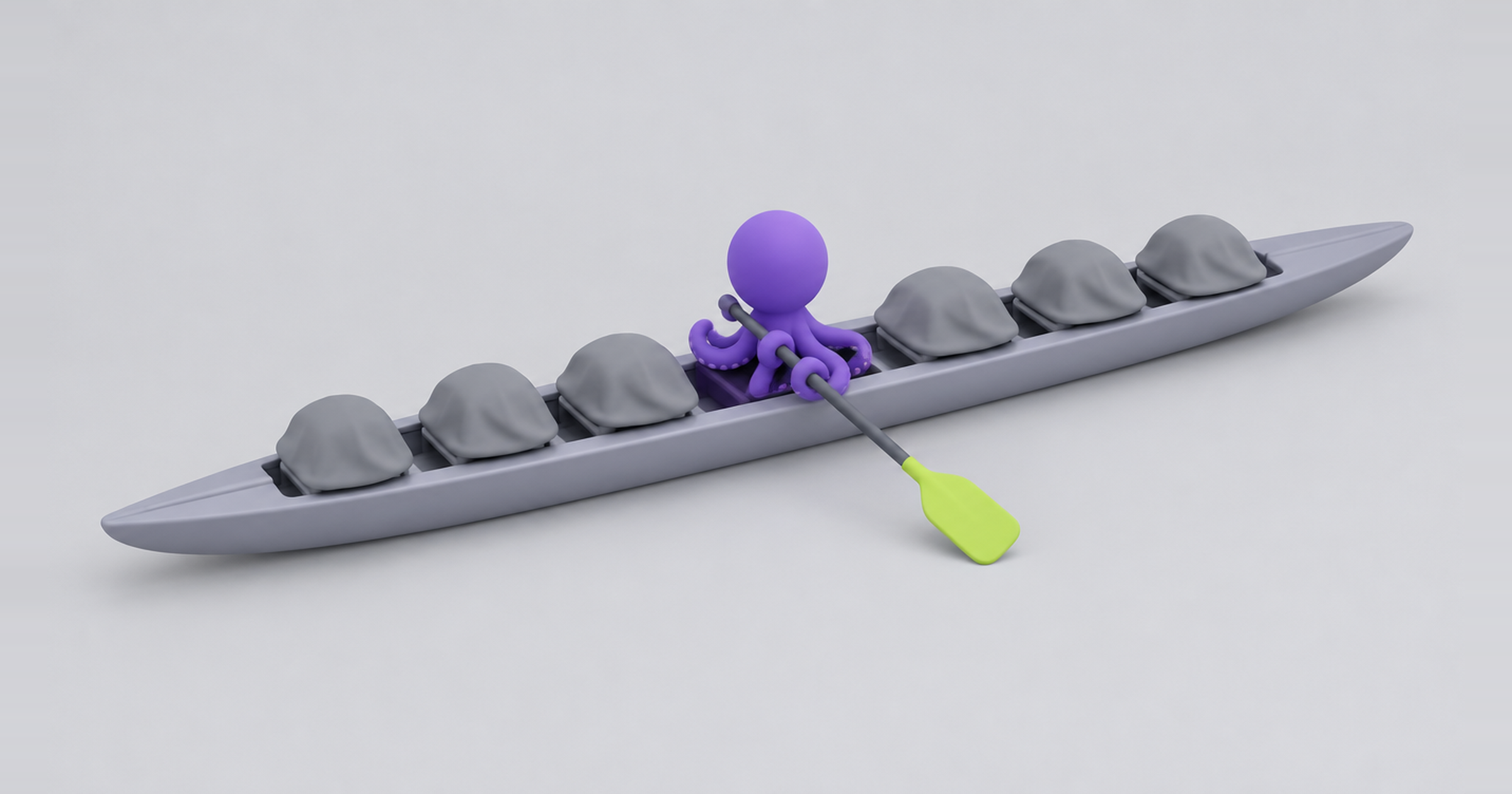 Octopus rowing alone in an eight-seat boat, starting with one AI marketing agent before adding more
