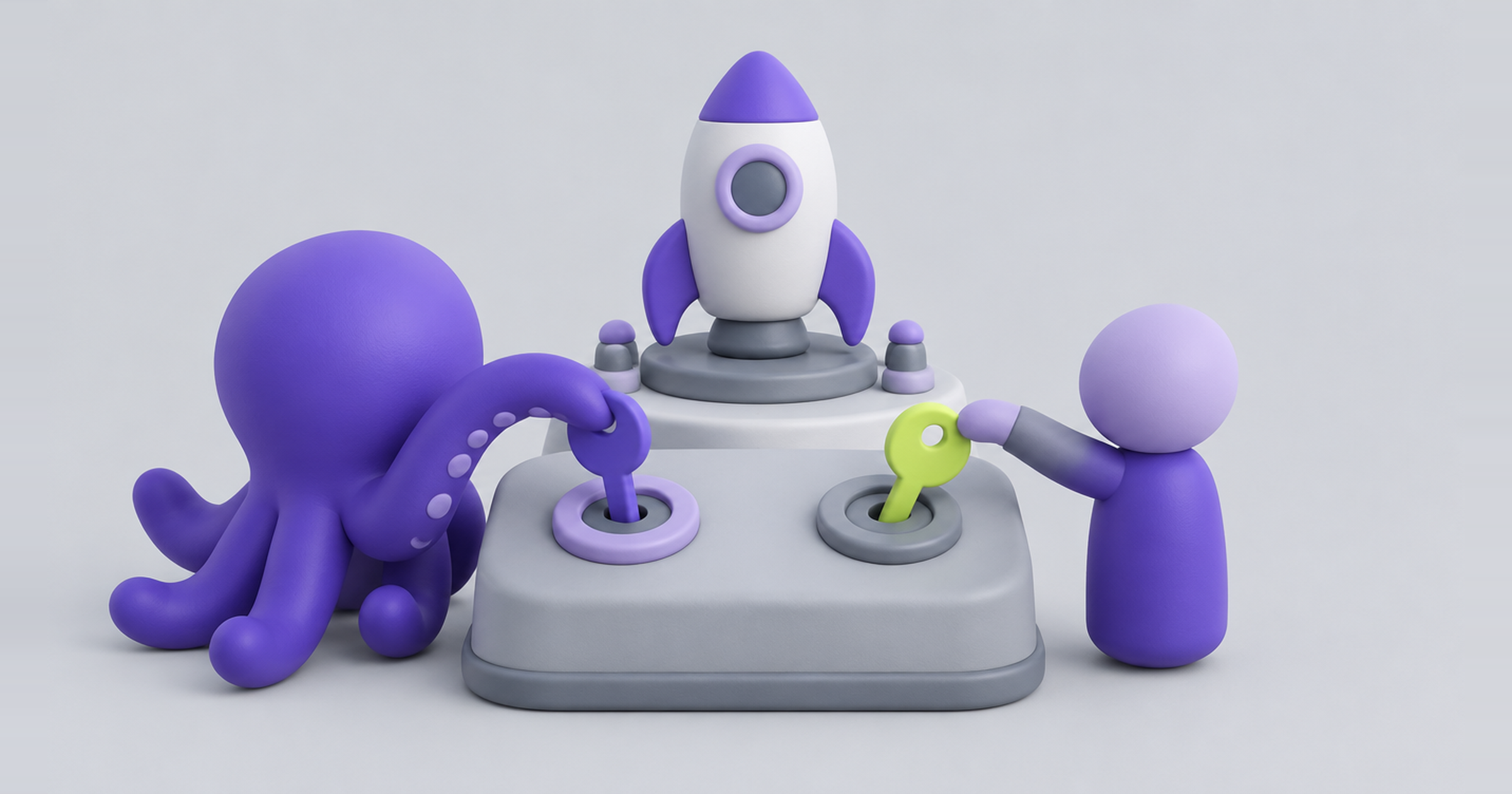 Octopus and person turning two keys to launch a rocket, human-in-the-loop approval for an AI ads manager