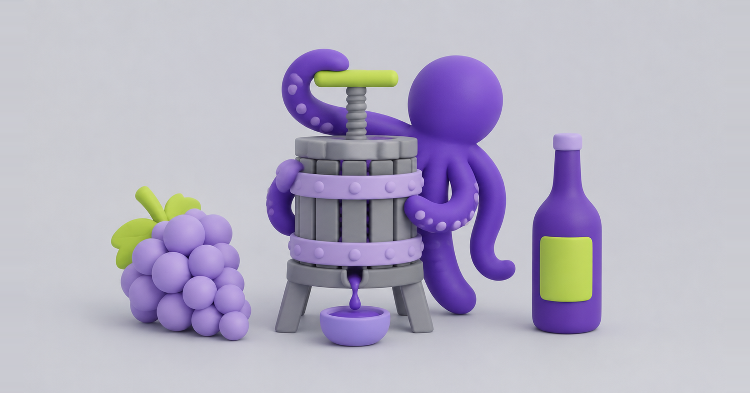 Octopus pressing a bunch of grapes into a single bottle, turning a keyword cluster into an SEO content brief
