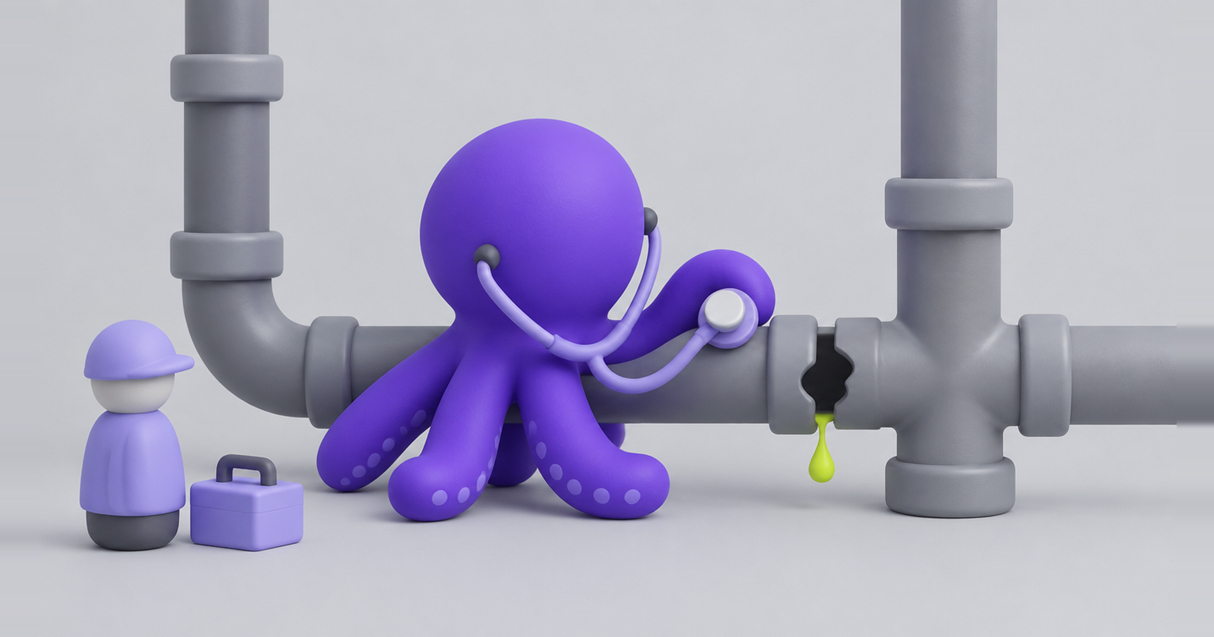 Octopus with a stethoscope listening to pipes and finding a leak, a Klaviyo flow audit for missing email journeys