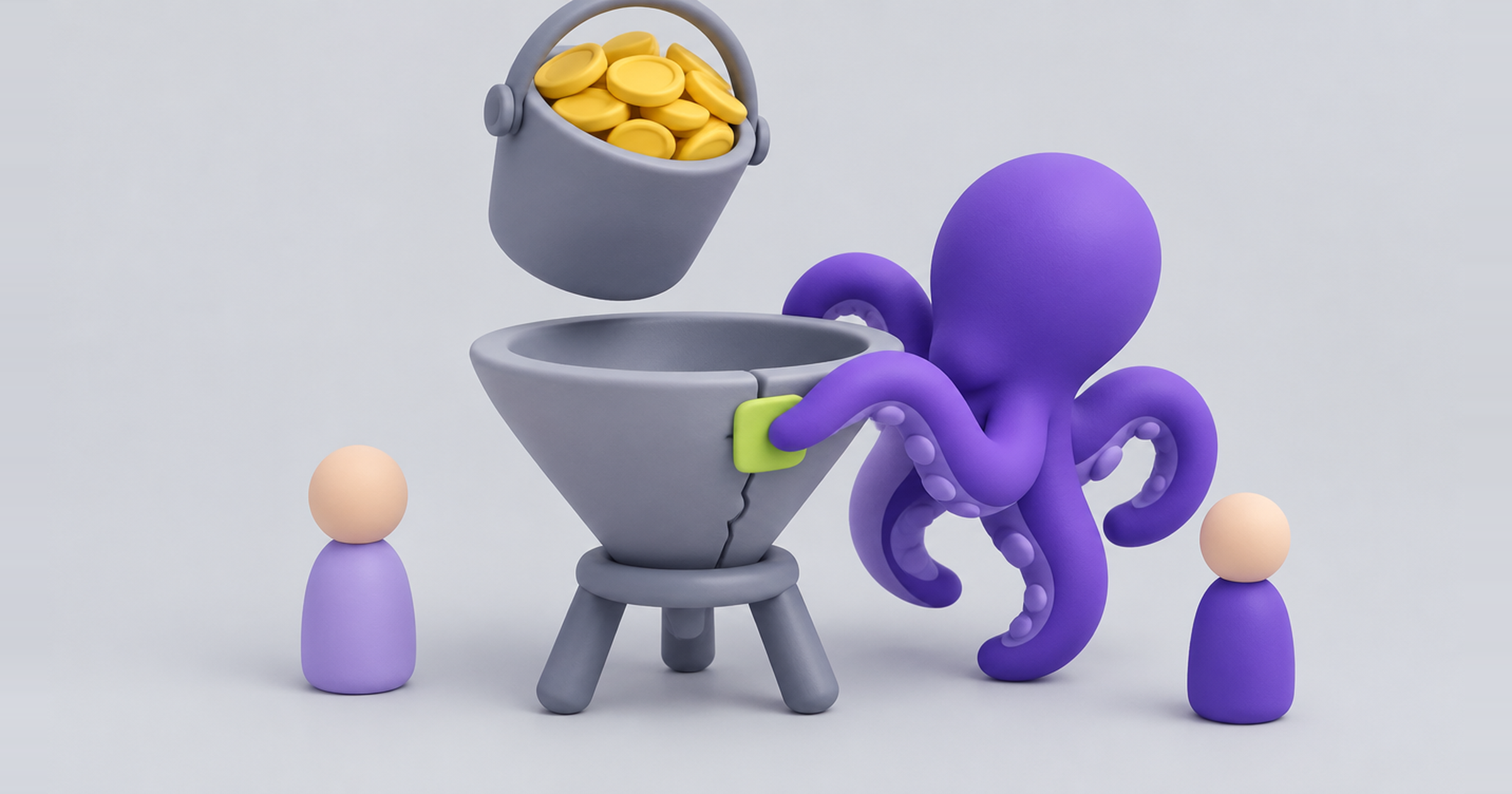 Octopus patching a crack in a funnel before coins pour in, landing page QA before sending paid traffic