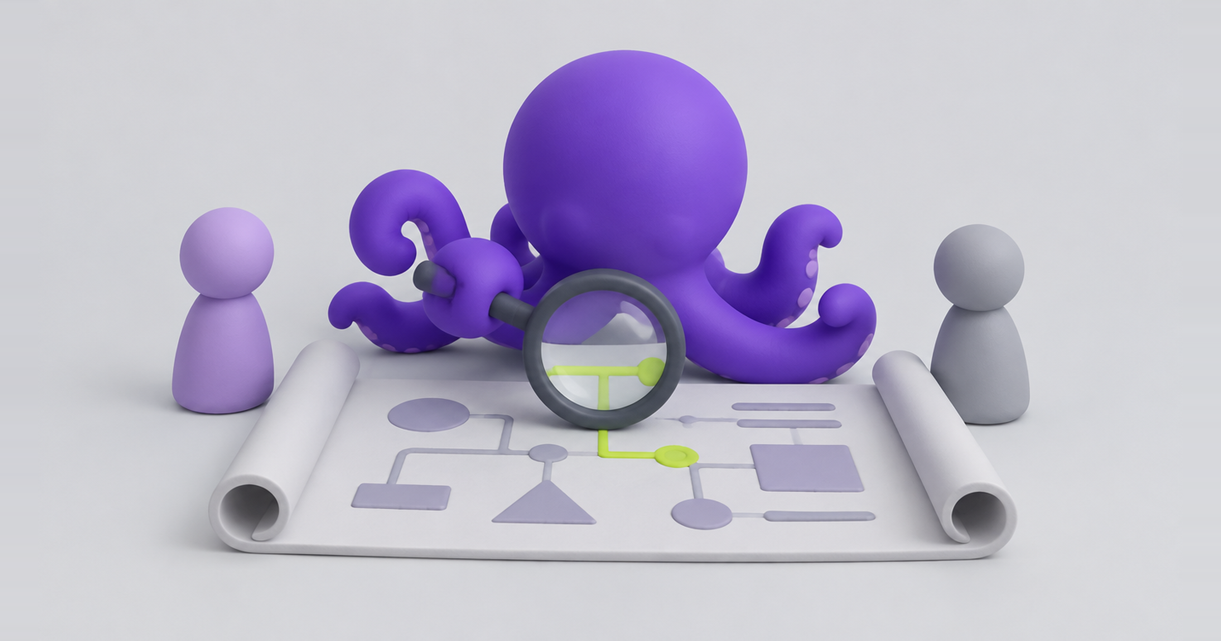 Octopus examining a blueprint with a magnifying glass, the instruction file behind an AI content agent