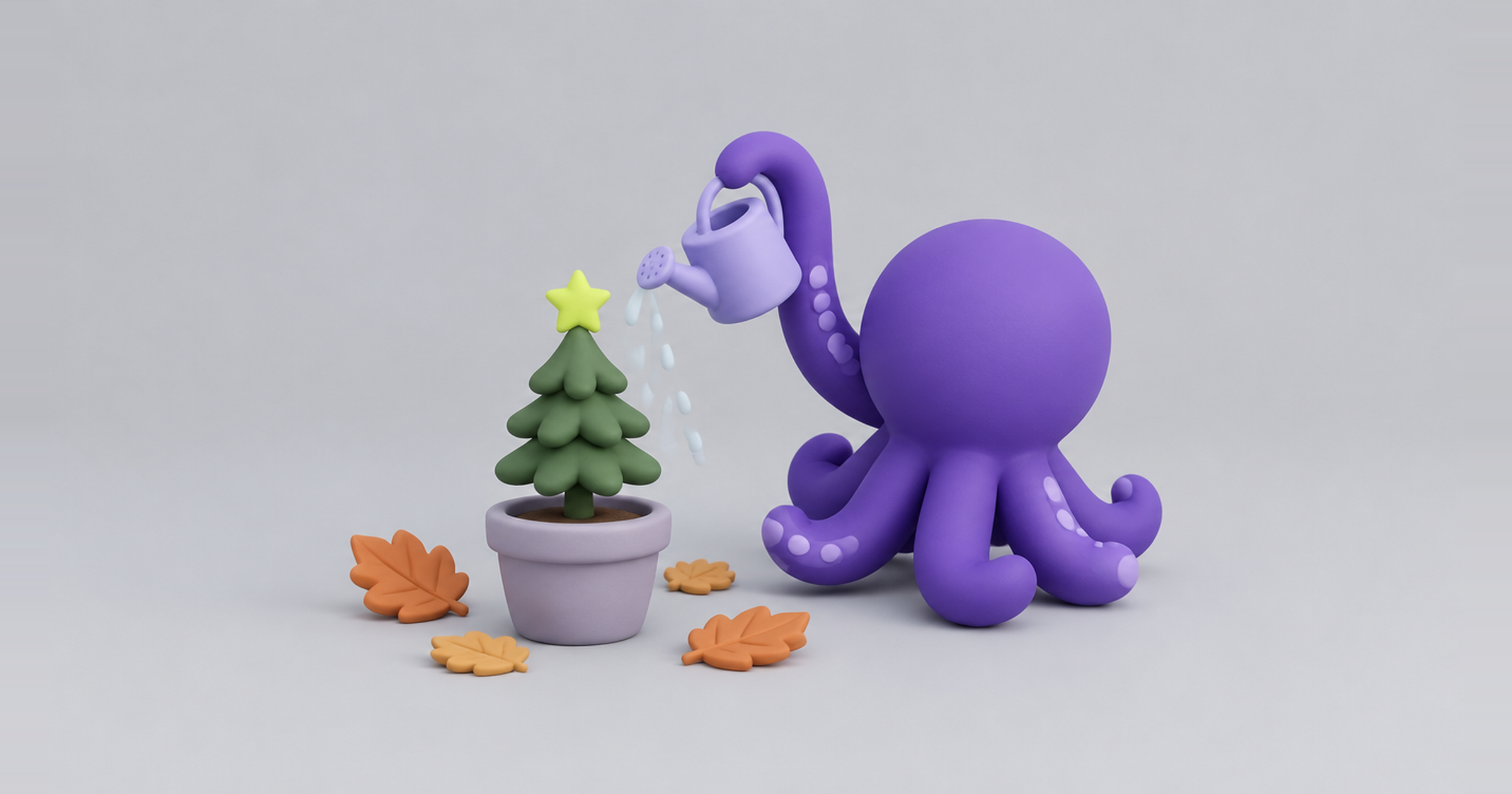 Octopus watering a small Christmas tree among autumn leaves, starting Q4 ecommerce marketing in September