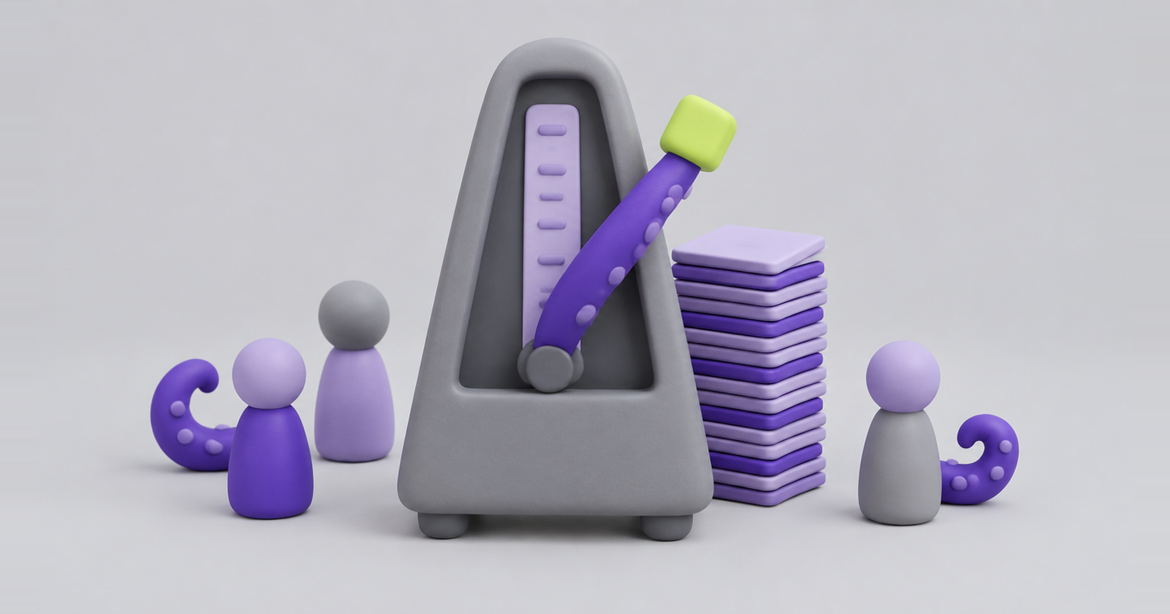 Metronome with a tentacle pendulum beside a tall stack of cards, a steady social media posting cadence for a fintech