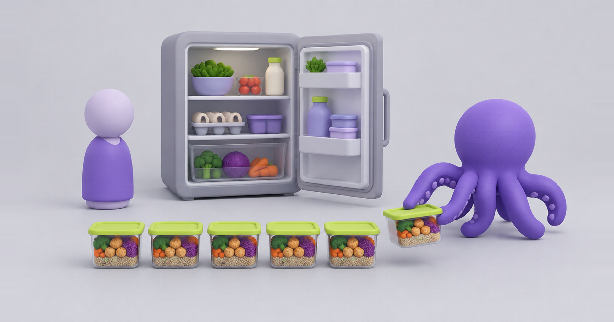 Octopus packing a week of meal-prep boxes from an open fridge, a social media calendar built from existing content