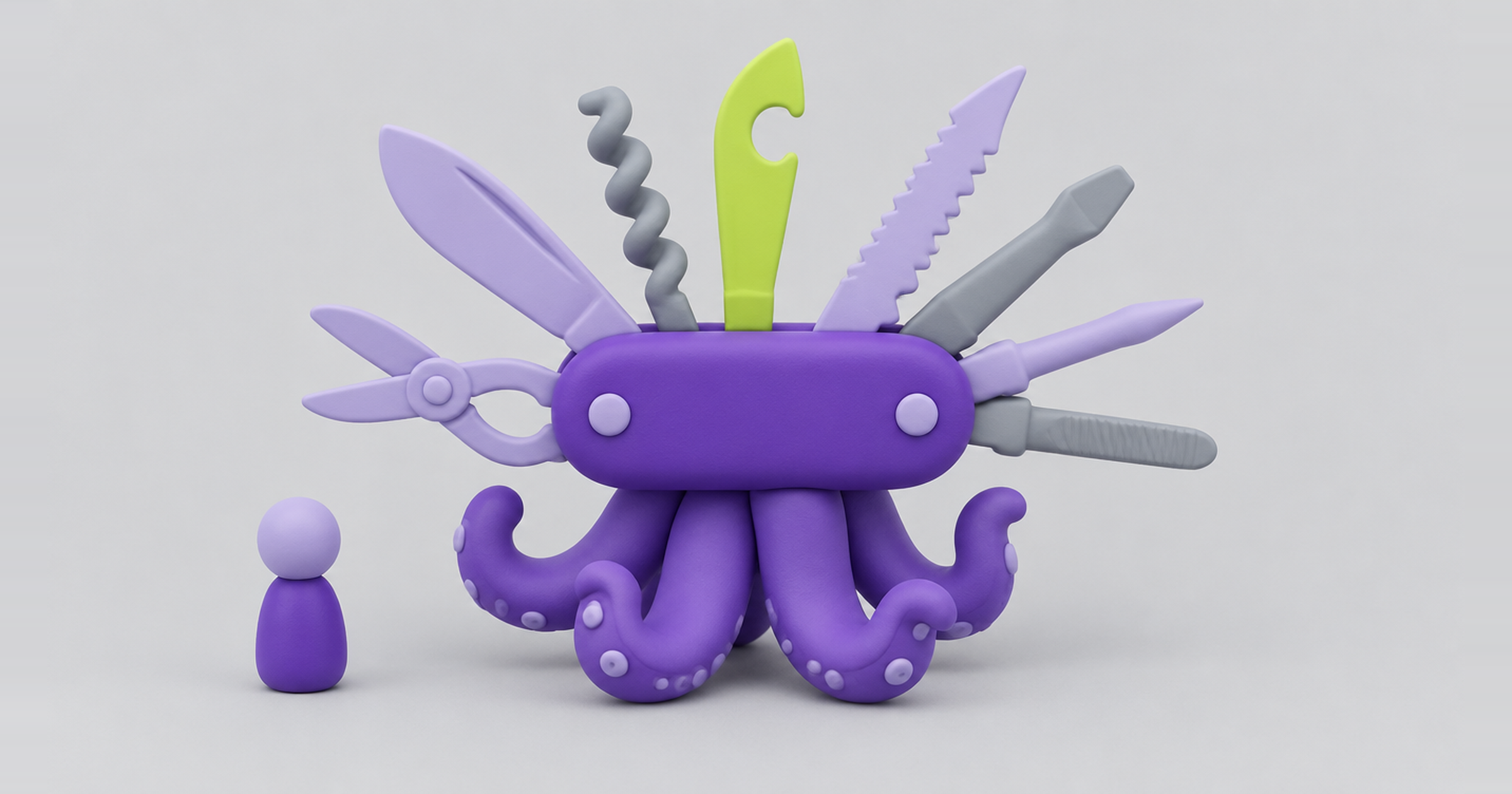 Swiss army knife with eight unfolded tools held by an octopus, a managed AI marketing team with specialist coverage
